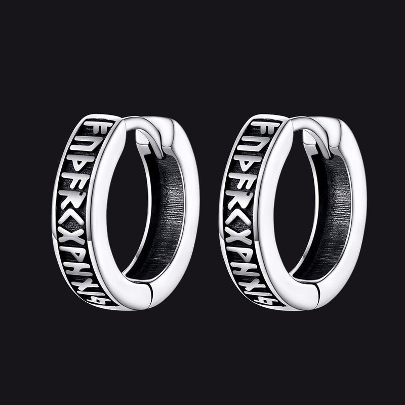 Norse Viking Runes Huggie Hoop Earrings in Sterling Silver