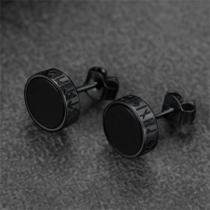 Sterling Silver Viking Runes Black Onyx Stud Earrings for
