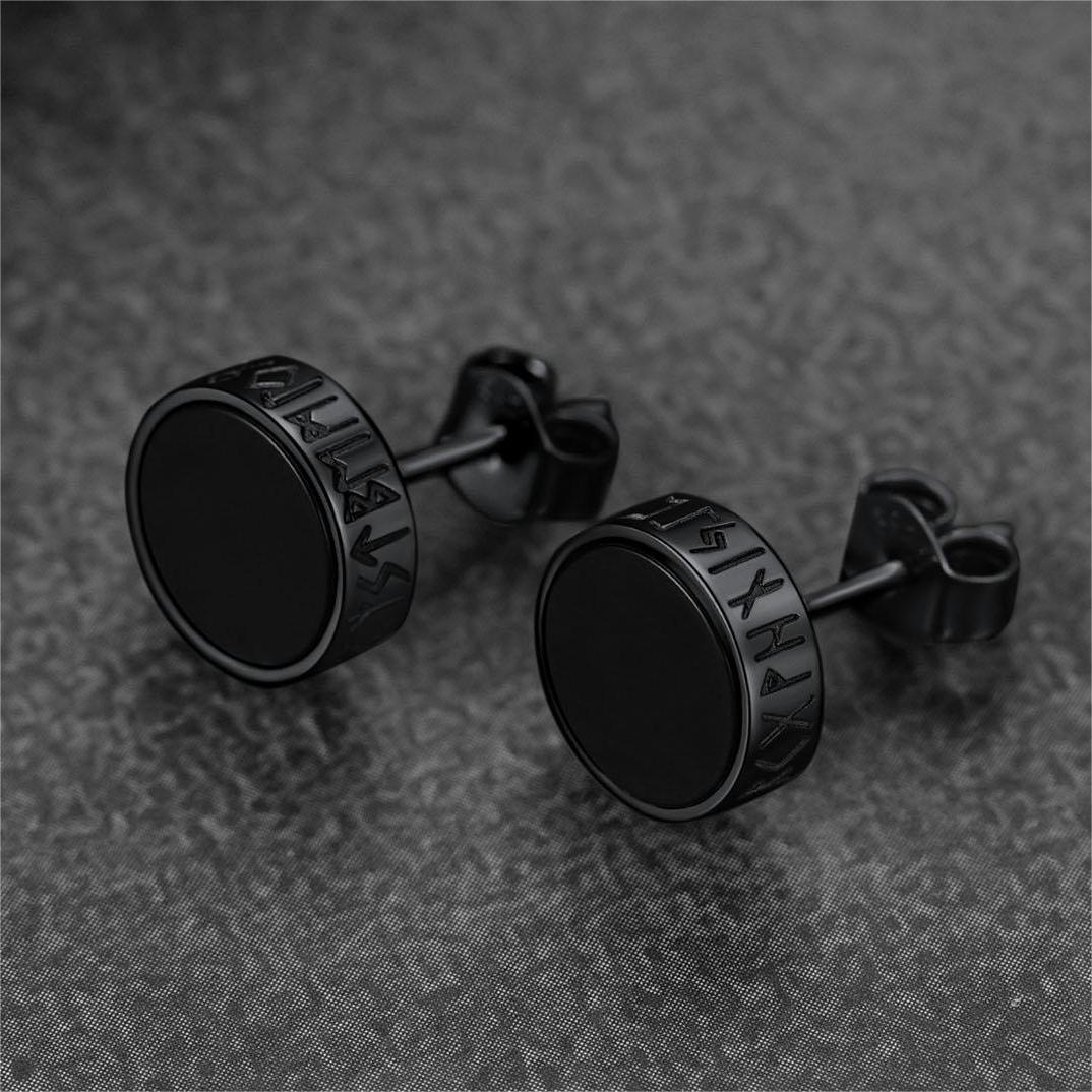 Sterling Silver Viking Runes Black Onyx Stud Earrings for