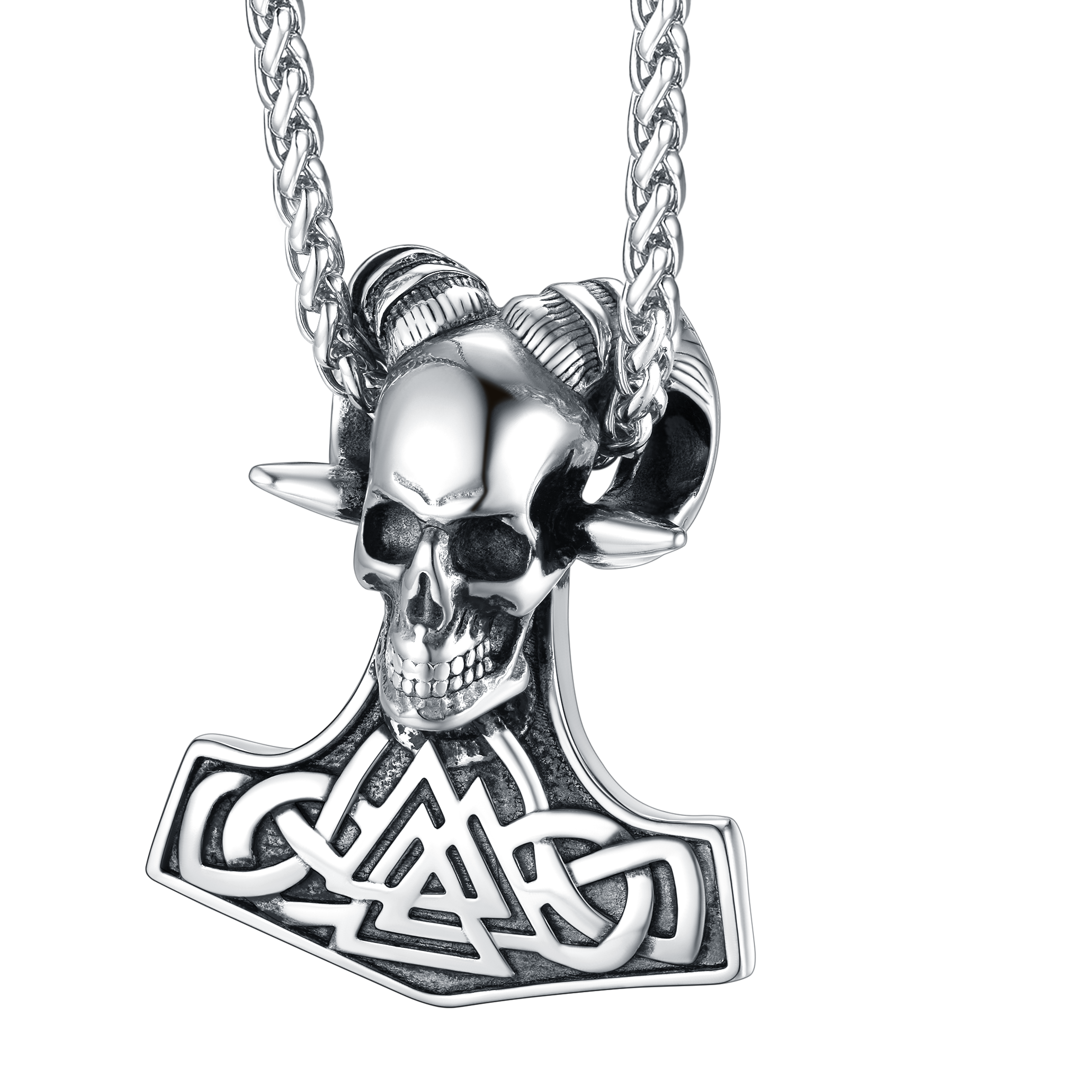 Viking Mjolnir Thor's Hammer Skull Necklace Pendant for