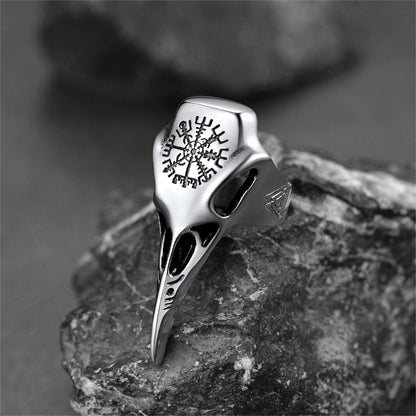 Raven Skull Ring With Viking Compass for