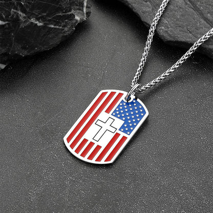Engraved American Flag Cross Dog Tag Necklace for