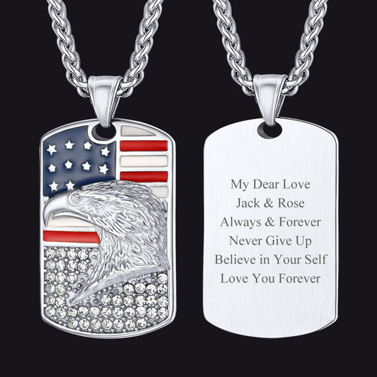Engraved American Flag Eagle Dog Tag Necklace for