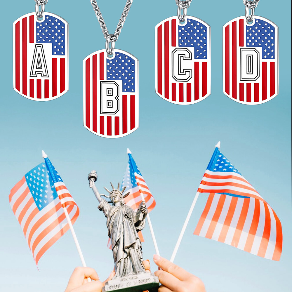 Patriotic American Flag Letter Initial Dog Tag Necklace 4th of July Pendant for