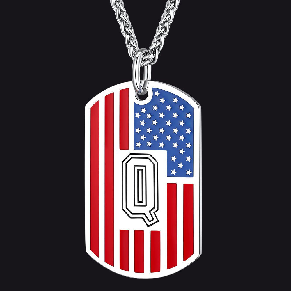 Patriotic American Flag Letter Initial Dog Tag Necklace 4th of July Pendant for