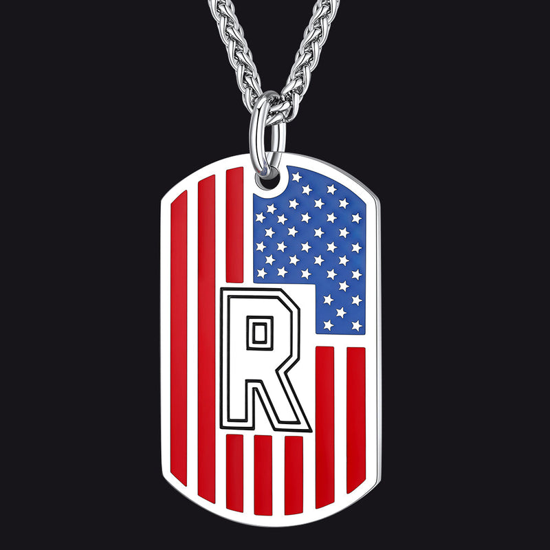 Patriotic American Flag Letter Initial Dog Tag Necklace 4th of July Pendant for