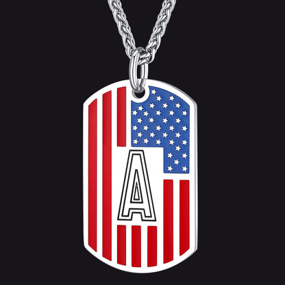 Patriotic American Flag Letter Initial Dog Tag Necklace 4th of July Pendant for
