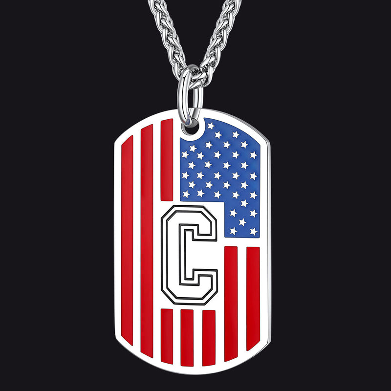 Patriotic American Flag Letter Initial Dog Tag Necklace 4th of July Pendant for