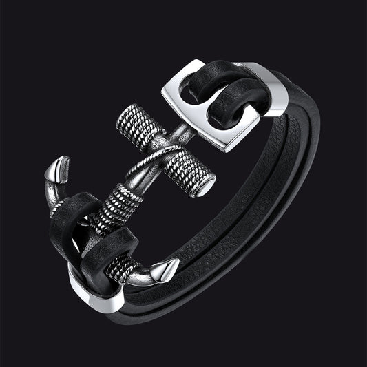 Viking Stainless Steel Anchor Black Leather Bracelet for