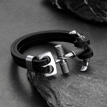 Viking Stainless Steel Anchor Black Leather Bracelet for