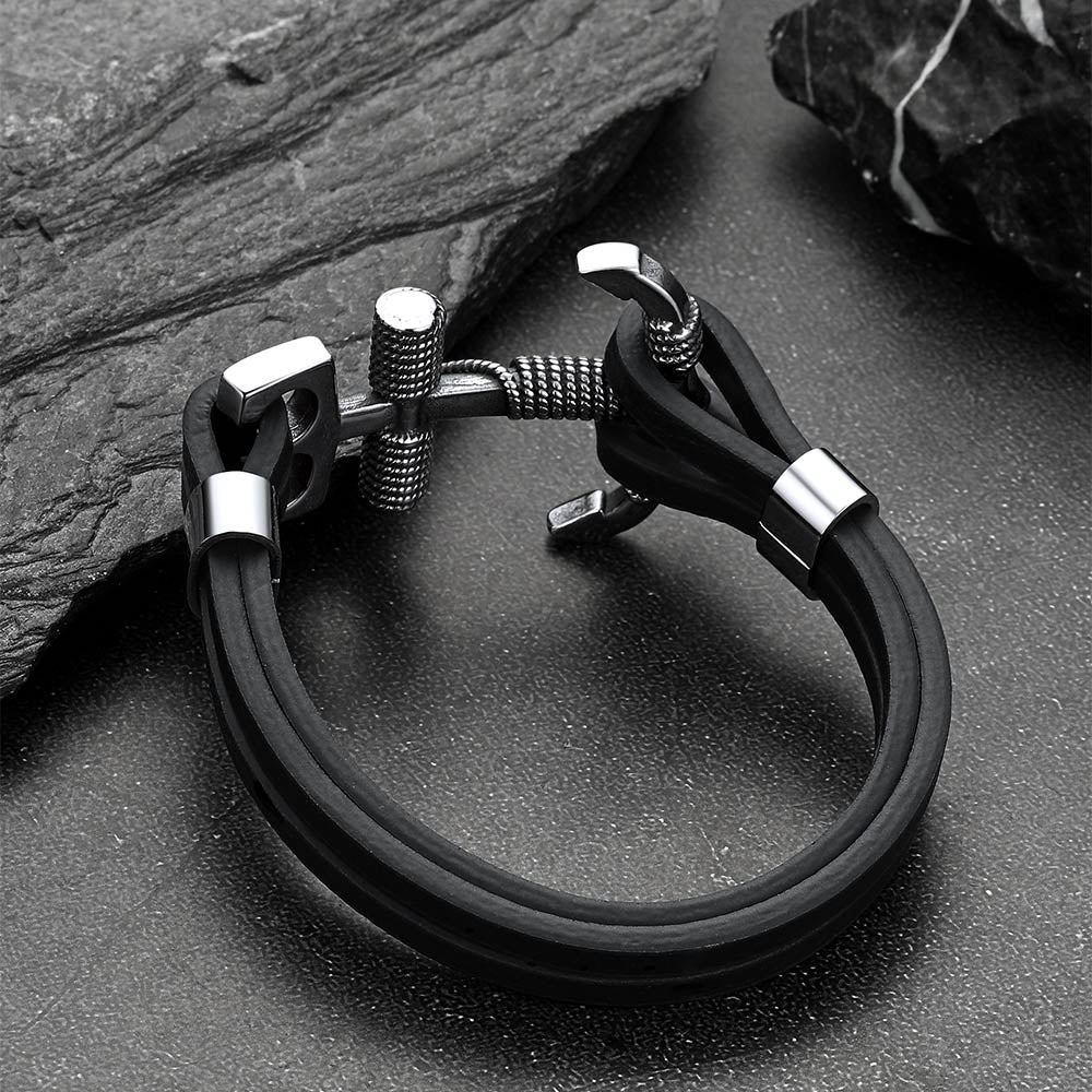 Viking Stainless Steel Anchor Black Leather Bracelet for
