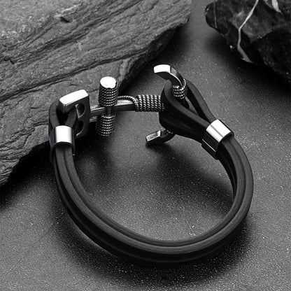 Viking Stainless Steel Anchor Black Leather Bracelet for