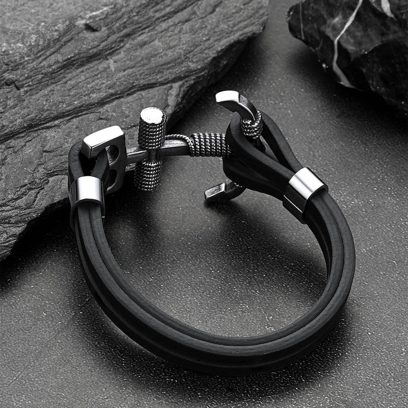 Viking Stainless Steel Anchor Black Leather Bracelet for