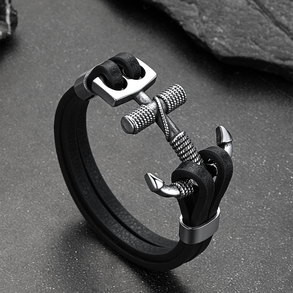 Viking Stainless Steel Anchor Black Leather Bracelet for