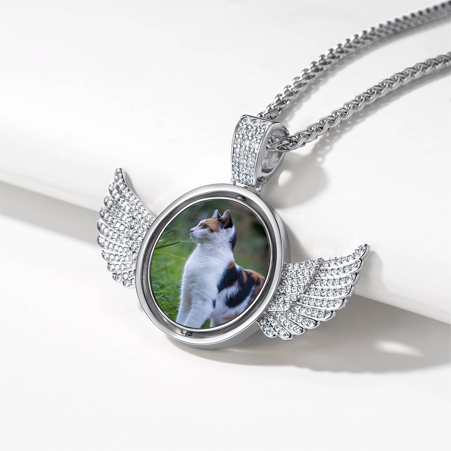 Custom Double-sided Picture Photo Circle Chain Necklace With Angel Wings for