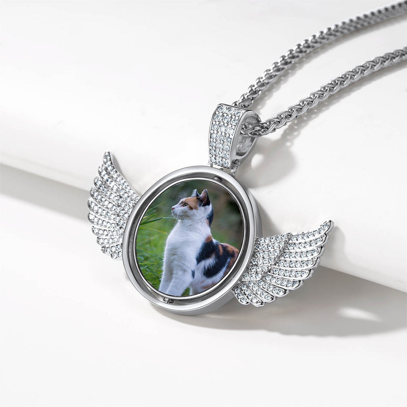 Custom Double-sided Picture Photo Circle Chain Necklace With Angel Wings for