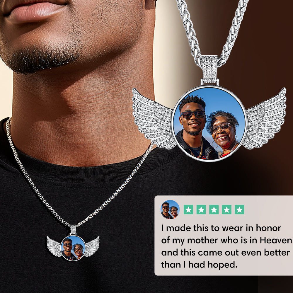 Customized Picture Circle Chain Necklace With Angel Wing Memorial Gift for
