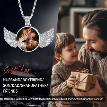Sterling Silver Customized Memorial Picture Circle Chain Necklace With Angel Wing for