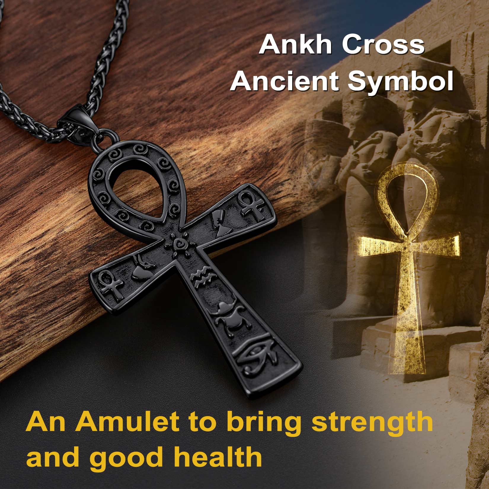 Egyptian Ankh Cross Necklace Pendant With Hieroglyphic for