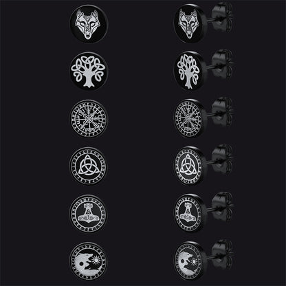 Viking Black Stud Earrings Set for 6 Pairs
