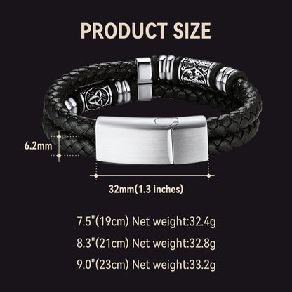Viking Black Engraved Leather Braided Wristband Bracelet for