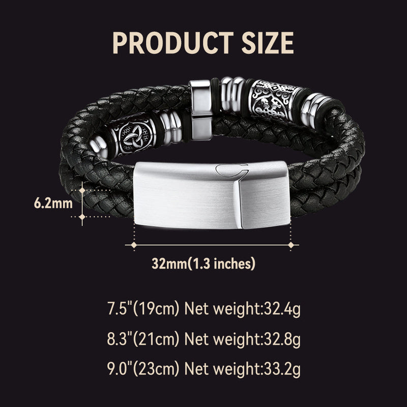Viking Black Engraved Leather Braided Wristband Bracelet for