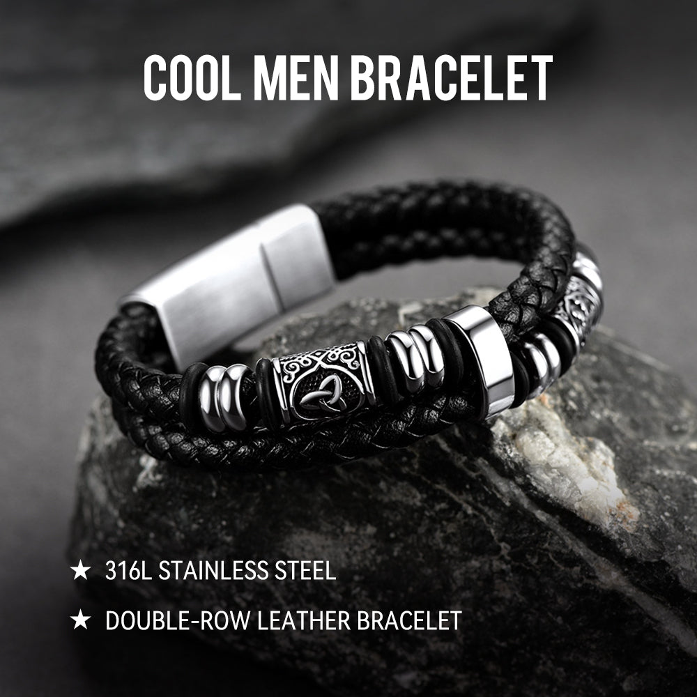Viking Black Engraved Leather Braided Wristband Bracelet for