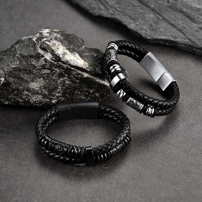 Viking Black Engraved Leather Braided Wristband Bracelet for