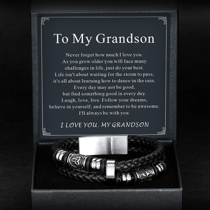 Viking Black Engraved Leather Braided Wristband Bracelet for
