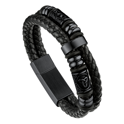 Viking Black Engraved Leather Braided Wristband Bracelet for