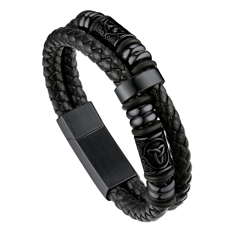 Viking Black Engraved Leather Braided Wristband Bracelet for