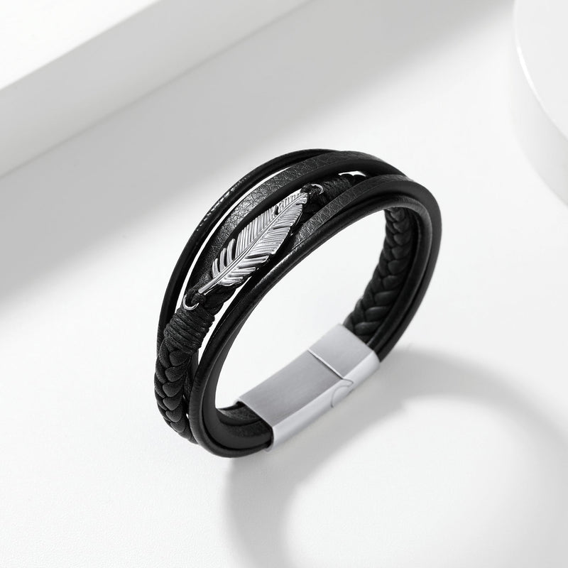 Feather Multi Layer Braided Leather Bracelet Gift for Son