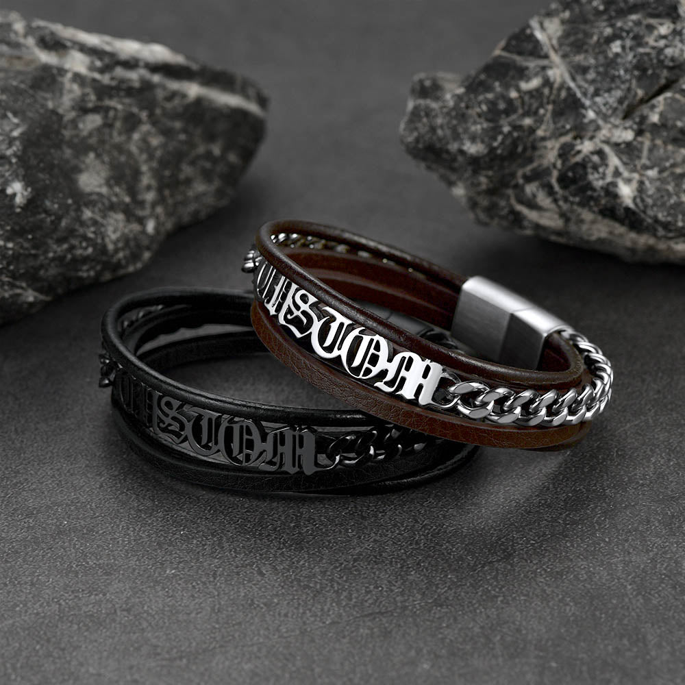 Customized Names Layer Braided Leather Bracelet for Father