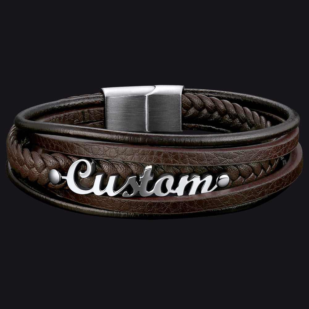 Custom Clasp Braided Leather Wristband Bracelet for Son Dad