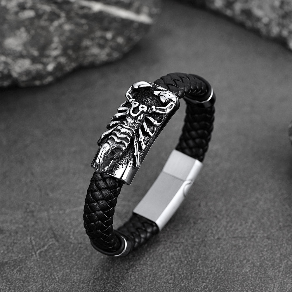 Punk Scorpion Black Braided Leather Bracelet Bangle Gift for Son Grandson