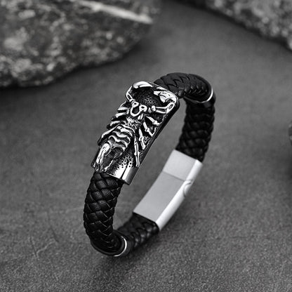 Punk Scorpion Black Braided Leather Bracelet Bangle Gift for Son Grandson