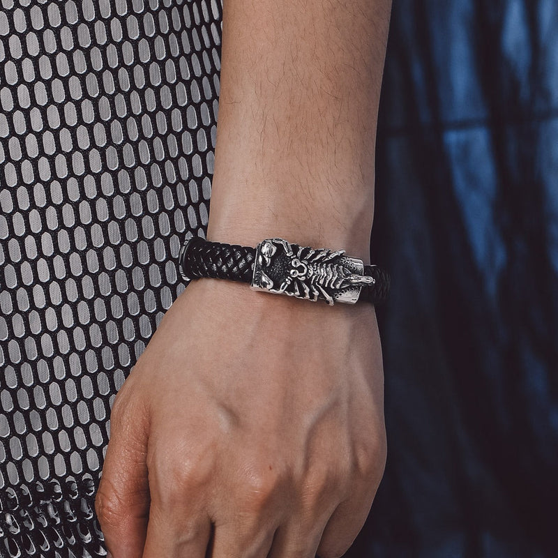 Punk Scorpion Black Braided Leather Bracelet Bangle Gift for Son Grandson