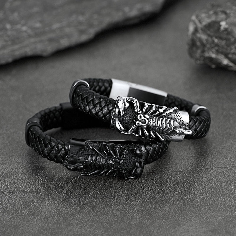Punk Scorpion Black Braided Leather Bracelet Bangle Gift for Son Grandson