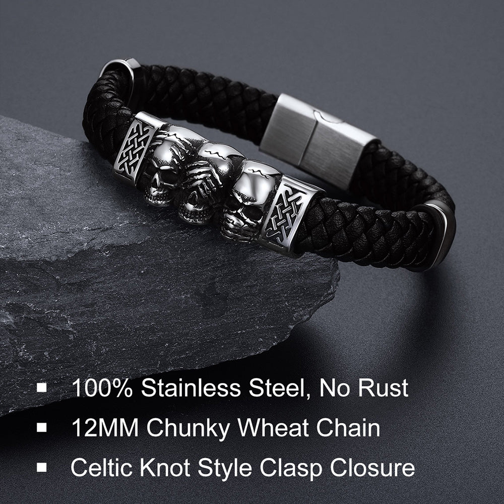 Gothic 3 Skull Braided Leather Bracelet Gift for Father Son Grandson