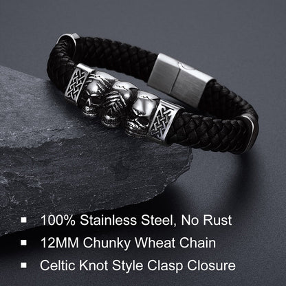 Gothic 3 Skull Braided Leather Bracelet Gift for Father Son Grandson
