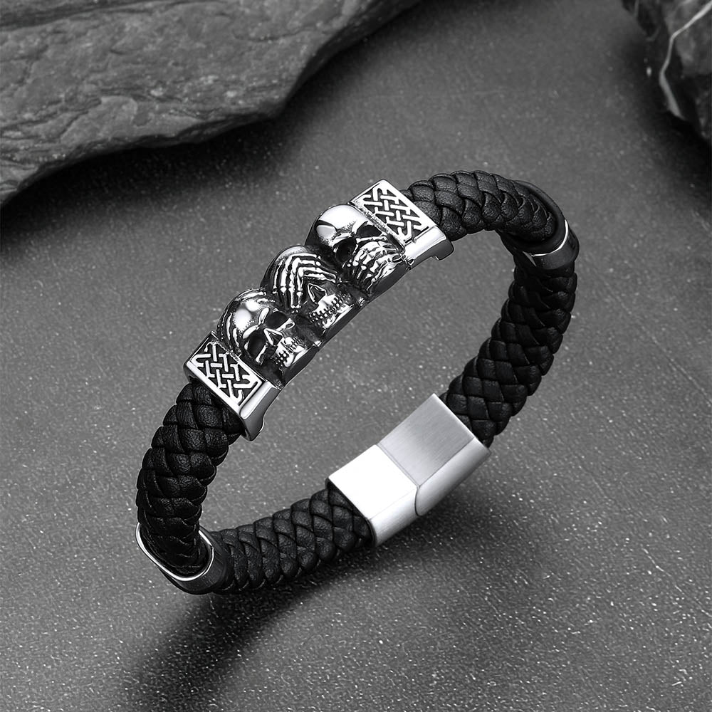 Gothic 3 Skull Braided Leather Bracelet Gift for Father Son Grandson