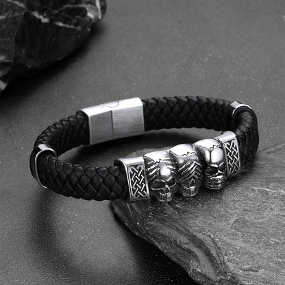 Gothic 3 Skull Braided Leather Bracelet Gift for Father Son Grandson