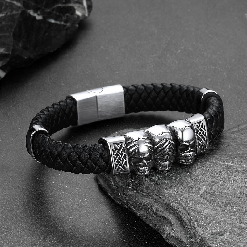 Gothic 3 Skull Braided Leather Bracelet Gift for Father Son Grandson