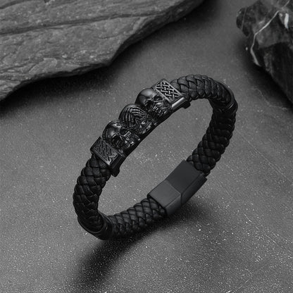 Gothic 3 Skull Braided Leather Bracelet Gift for Father Son Grandson