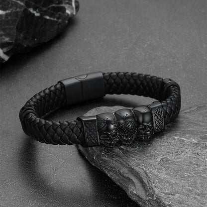 Gothic 3 Skull Braided Leather Bracelet Gift for Father Son Grandson