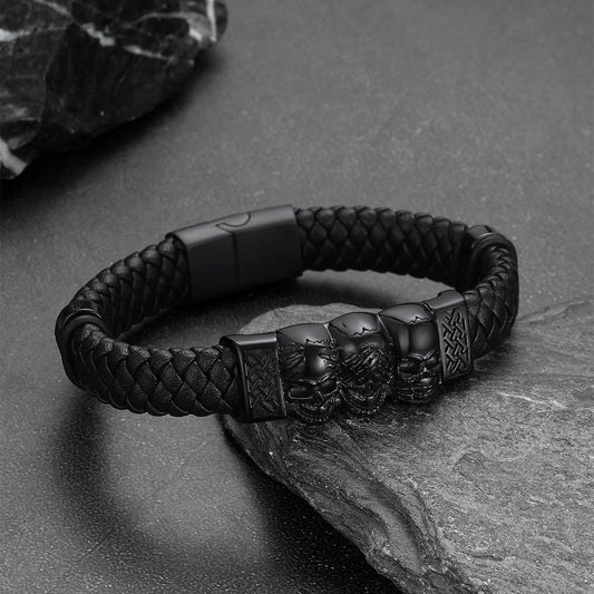 Gothic 3 Skull Braided Leather Bracelet Gift for Father Son Grandson