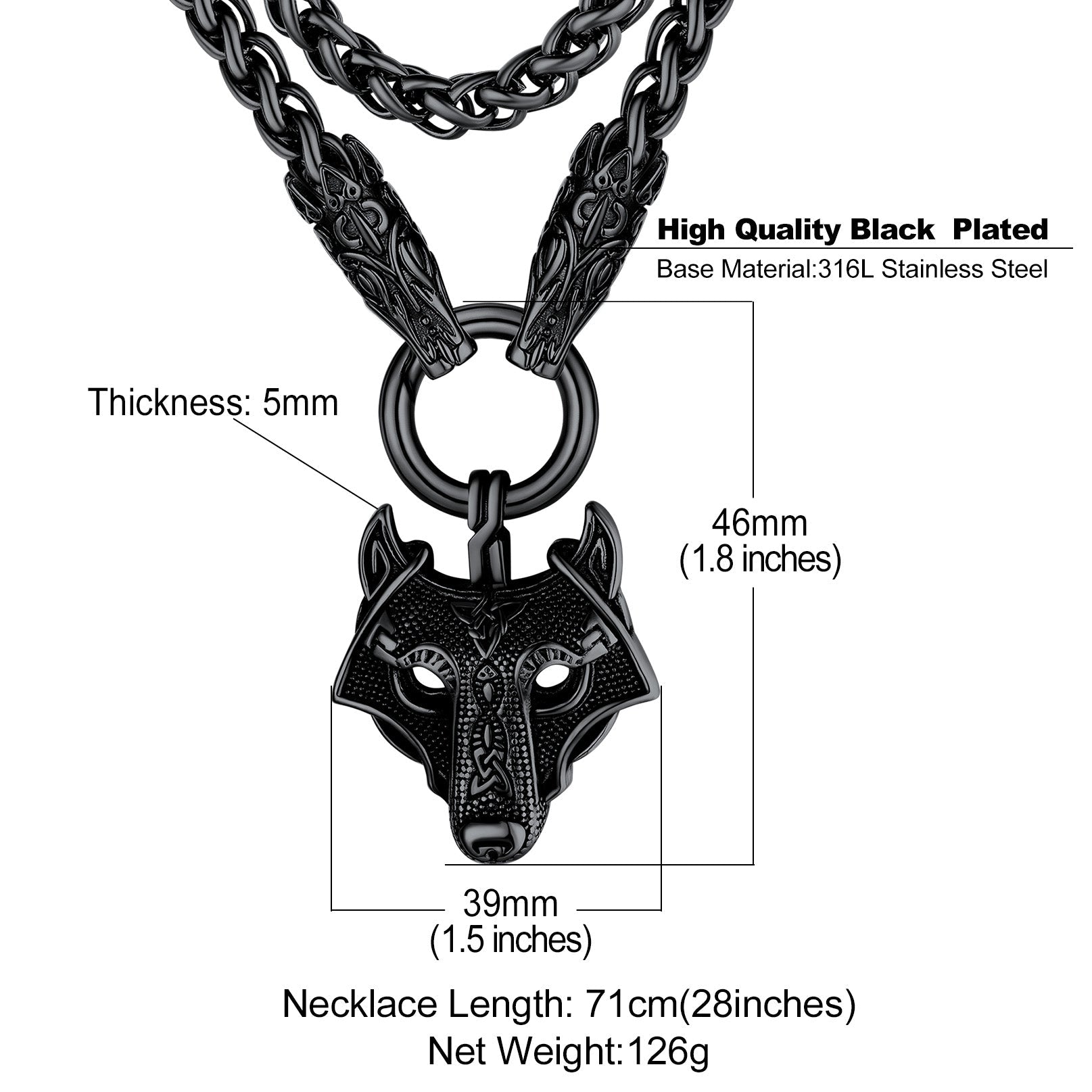 Viking Wolf Pendant Necklace With Wolf Rope Chain for