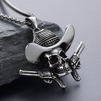 Gothic Cowboy Skull Pendant Necklace for