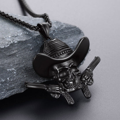 Gothic Cowboy Skull Pendant Necklace for