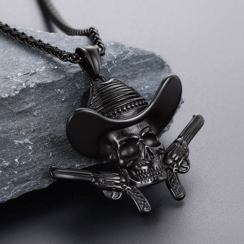 Gothic Cowboy Skull Pendant Necklace for